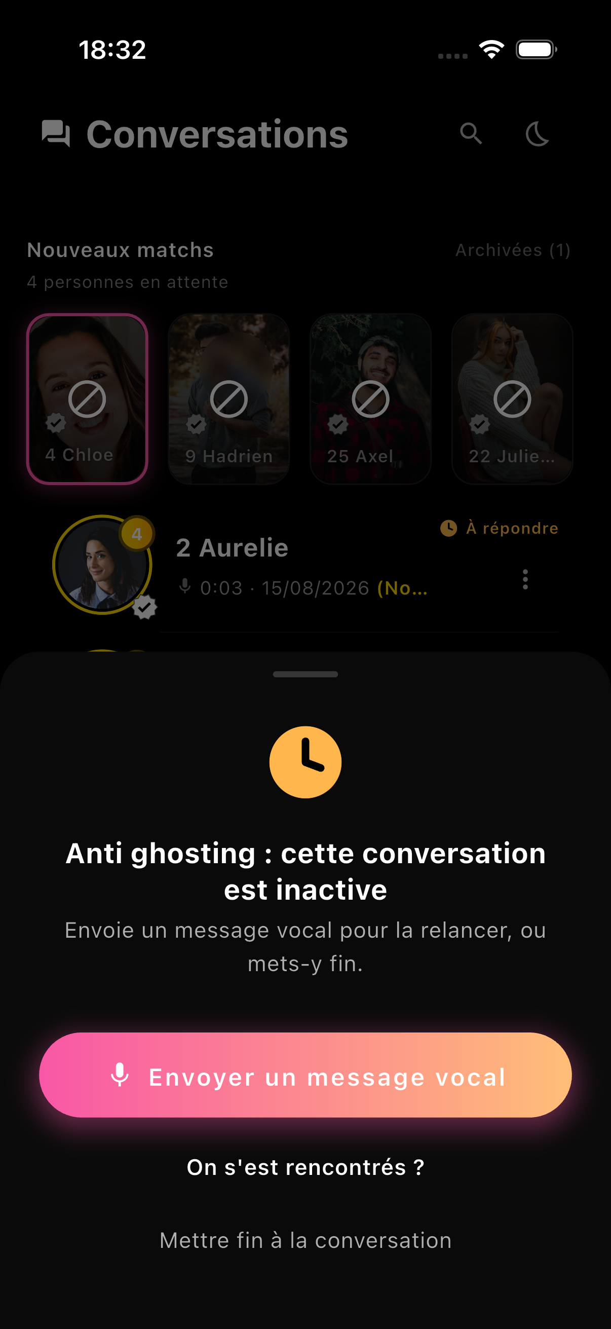 Écran Meeeter demandant de répondre ou de clôturer une conversation