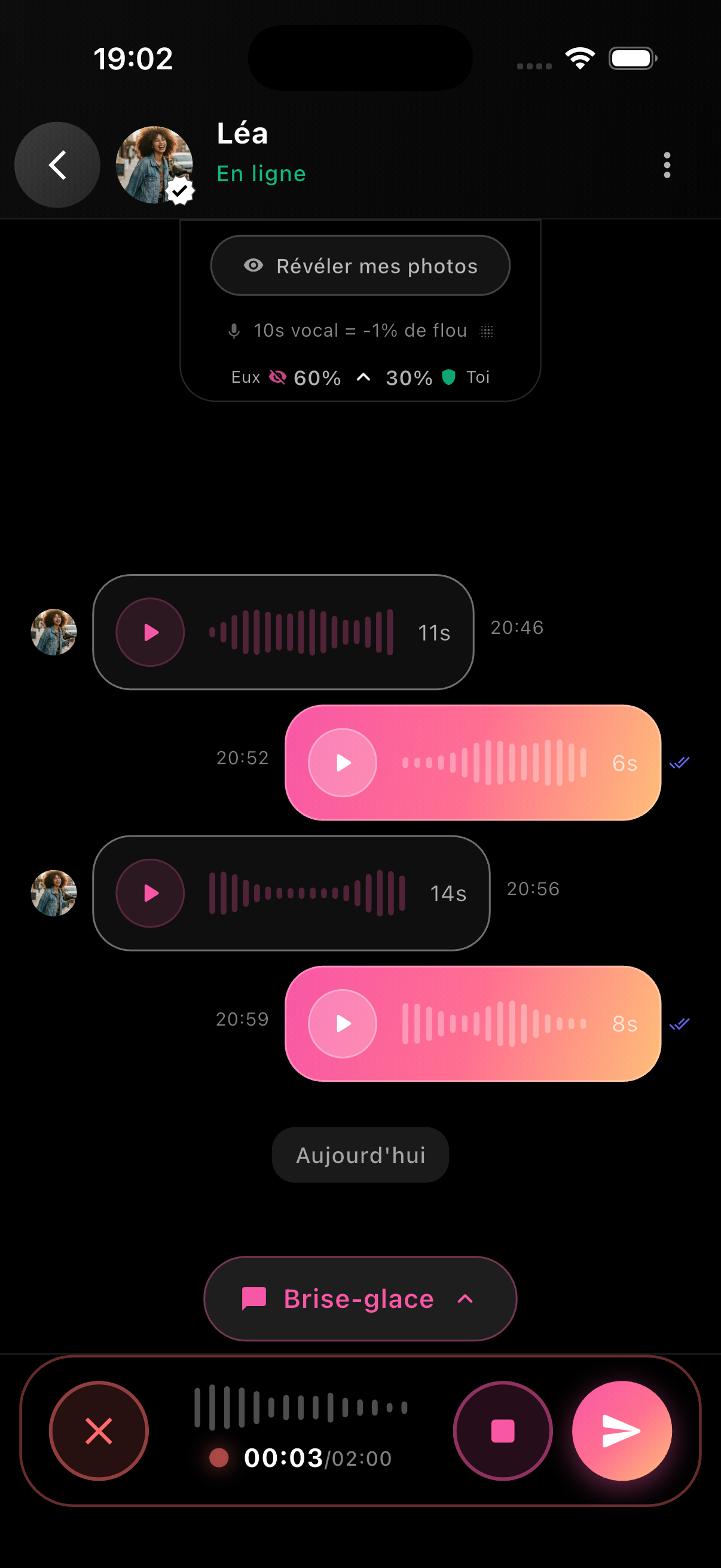 Conversation Meeeter en messages vocaux avec question brise-glace